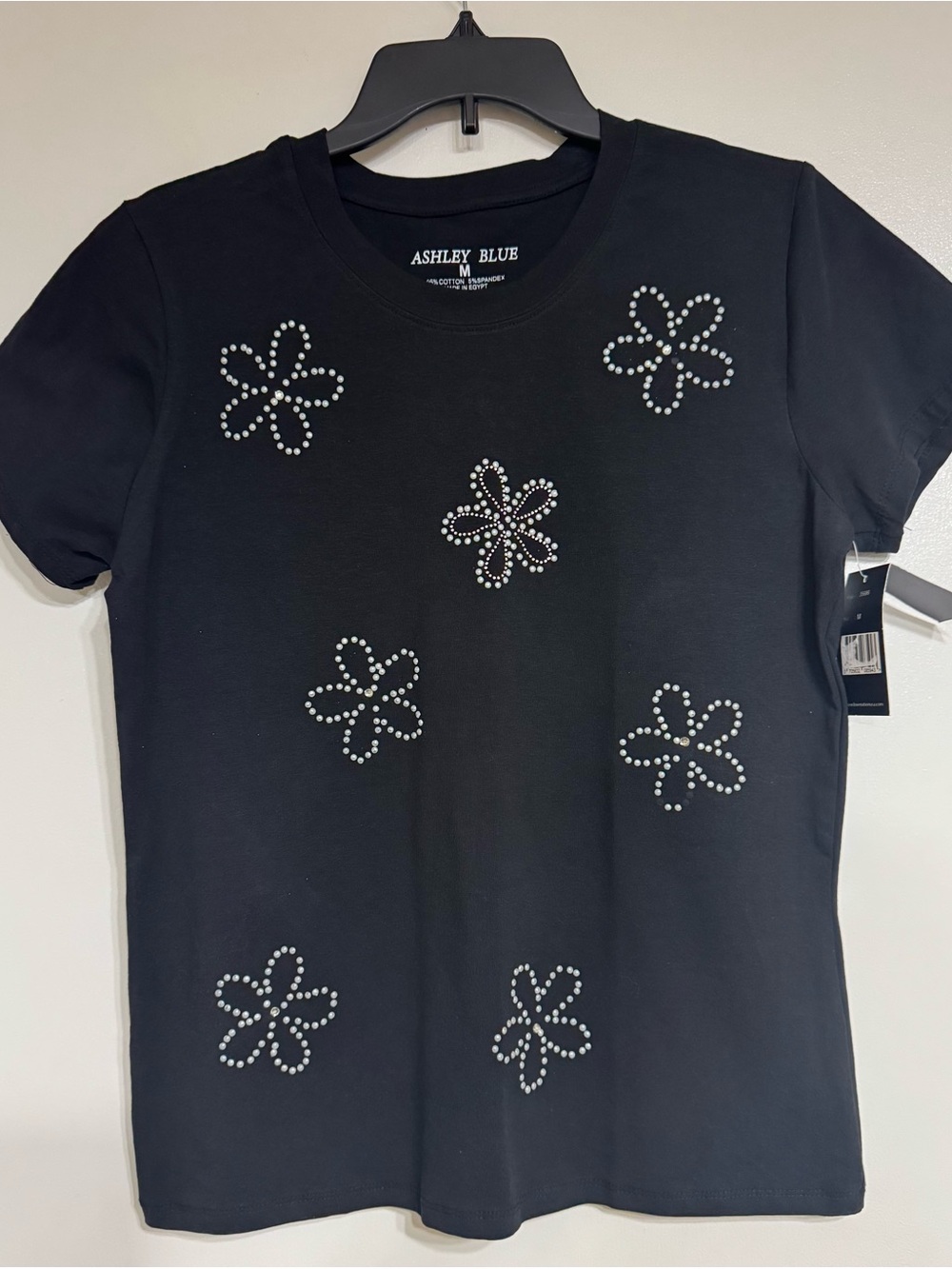 Ashley Blue Black Short Sleeve Tee with Silver Rhinestone Flowers